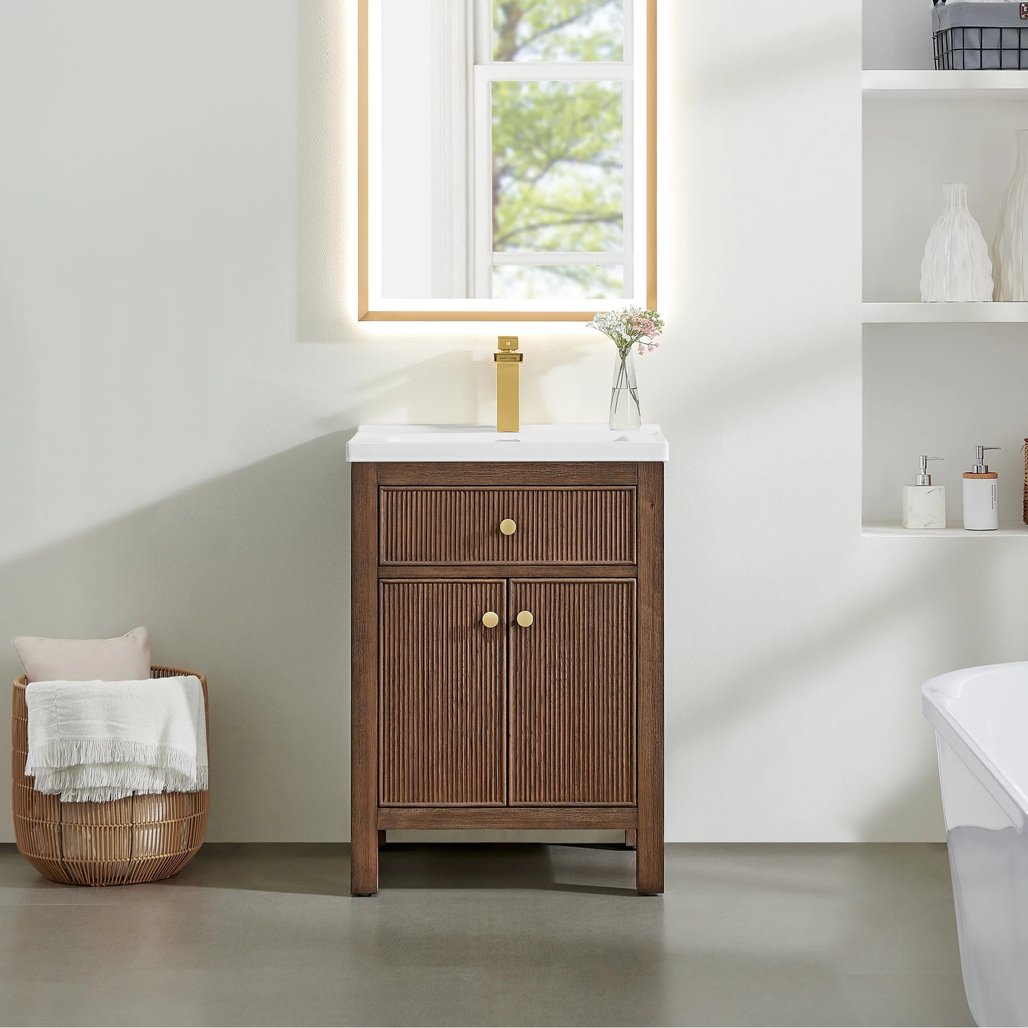 Cerrito 24" Wood Vanity in Brown Oak Ceramic Integrated Sink no Mirror | Walmart (US)
