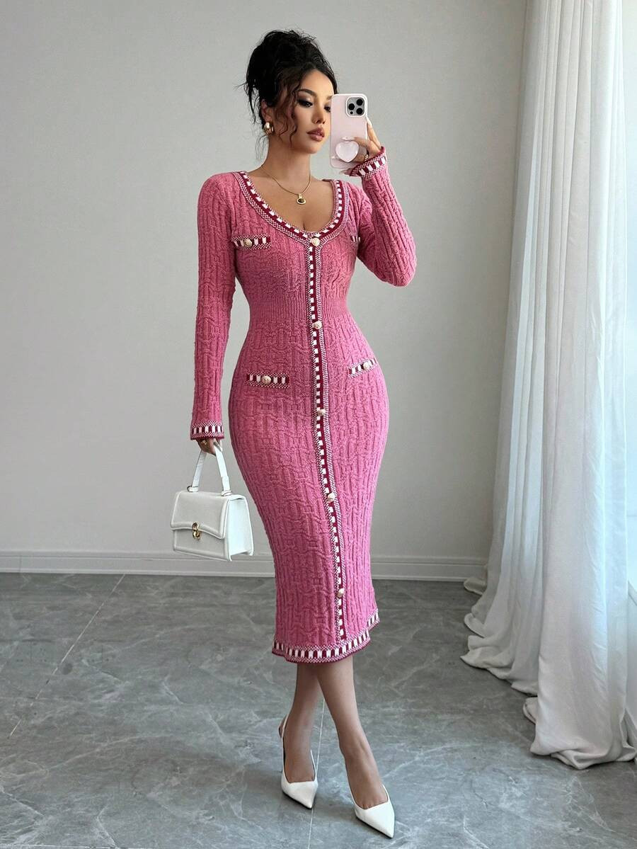 Elenzga Women's Elegant Patchwork Long Sleeve Sweater Dress Fall Winter Cloth For Women | SHEIN