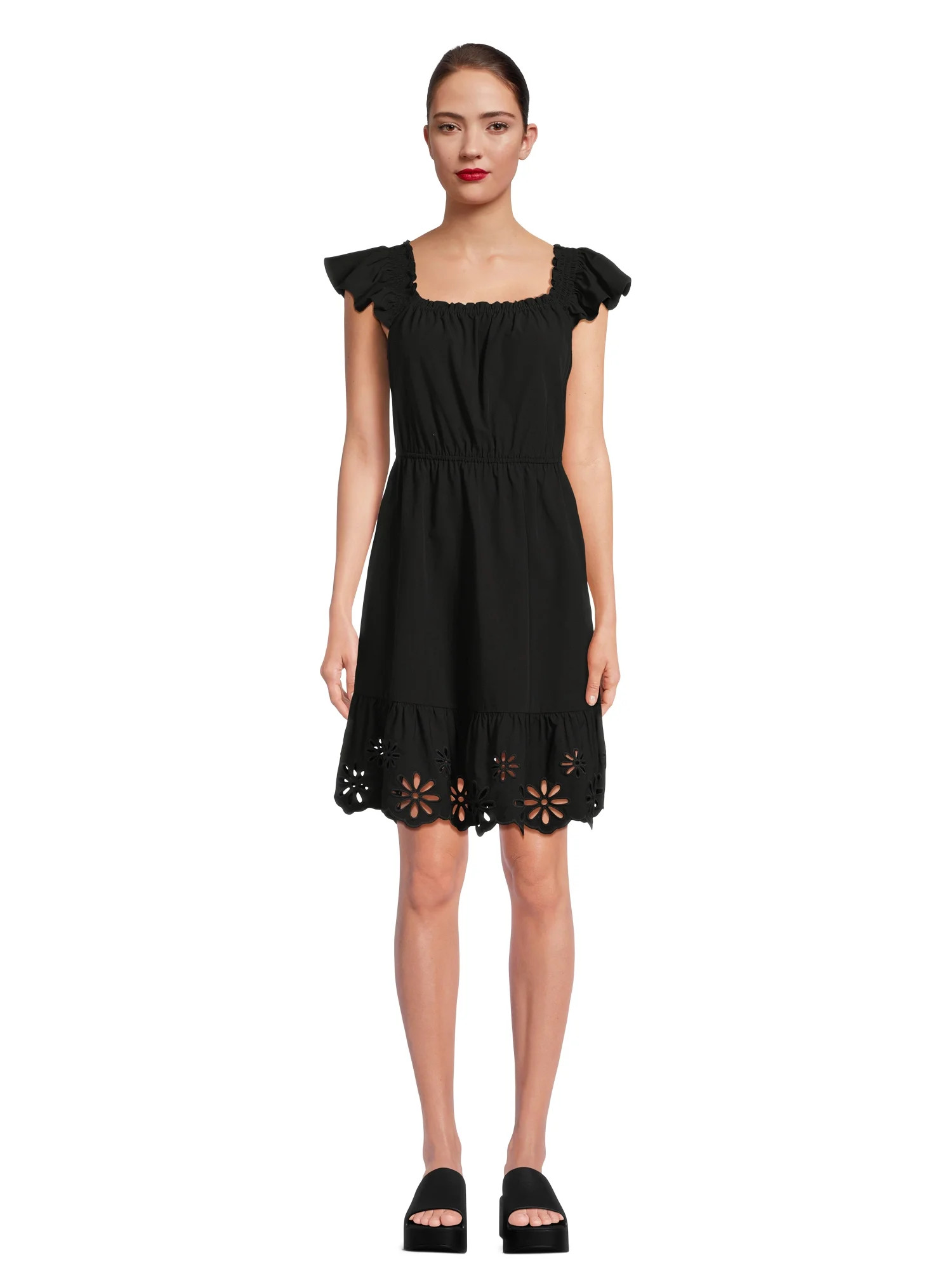 Time and Tru Women's Square Neck Eyelet Trim Mini Dress, Sizes XS-XXXL | Walmart (US)