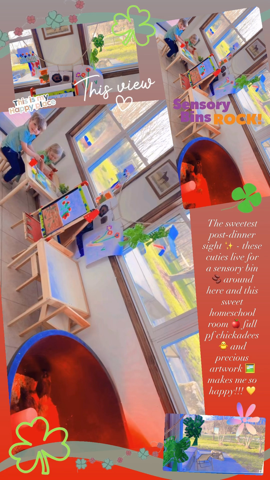 The sweetest post-dinner sight ✨ - these cuties live for a sensory bin 🫘 around here and this sweet homeschool room 🍎 full pf chickadees 🐥 and precious artwork 🖼️ makes me so happy!!! 💛