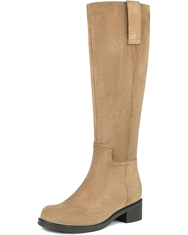 Knee High Boots Women Flat Low Heel Side Zipper Fall Winter Faux Leather Long Tall Riding Boots | Amazon (US)