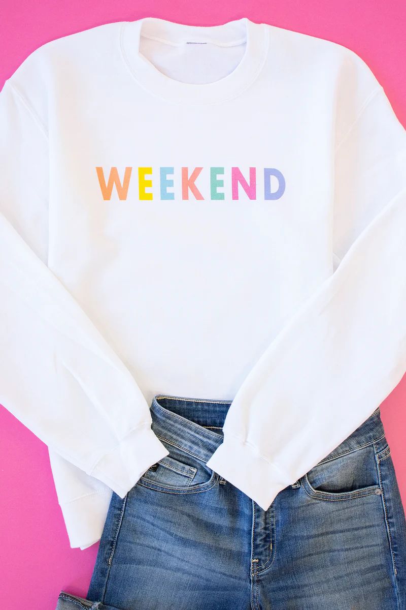 Weekend Rainbow Graphic Sweatshirt | The Pink Lily Boutique