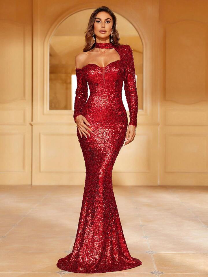 Asymmetrical Neck Sequin Formal Dress | SHEIN