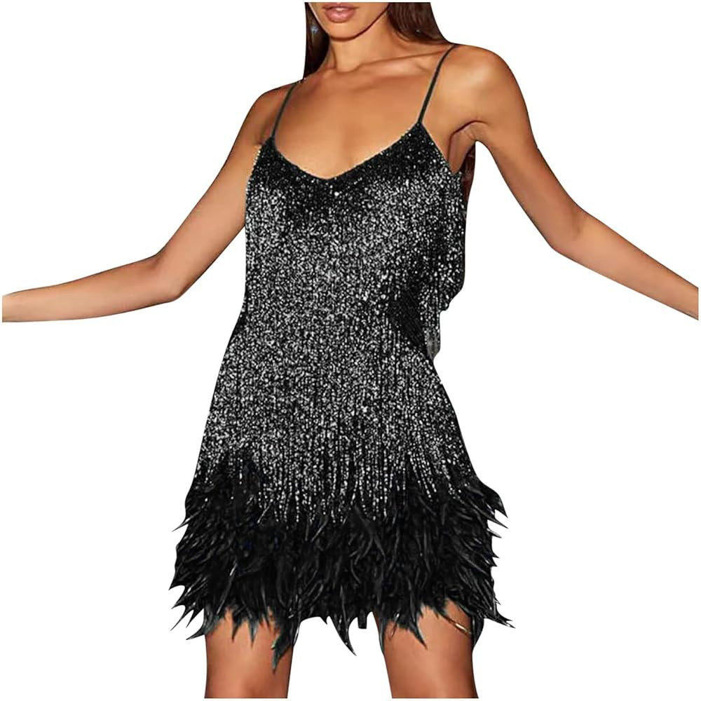 Ruziyoog Fashion Dress for Women Elegant Tassels Sequin Fringe Flapper Dresses Sexy Spaghetti Straps | Amazon (US)