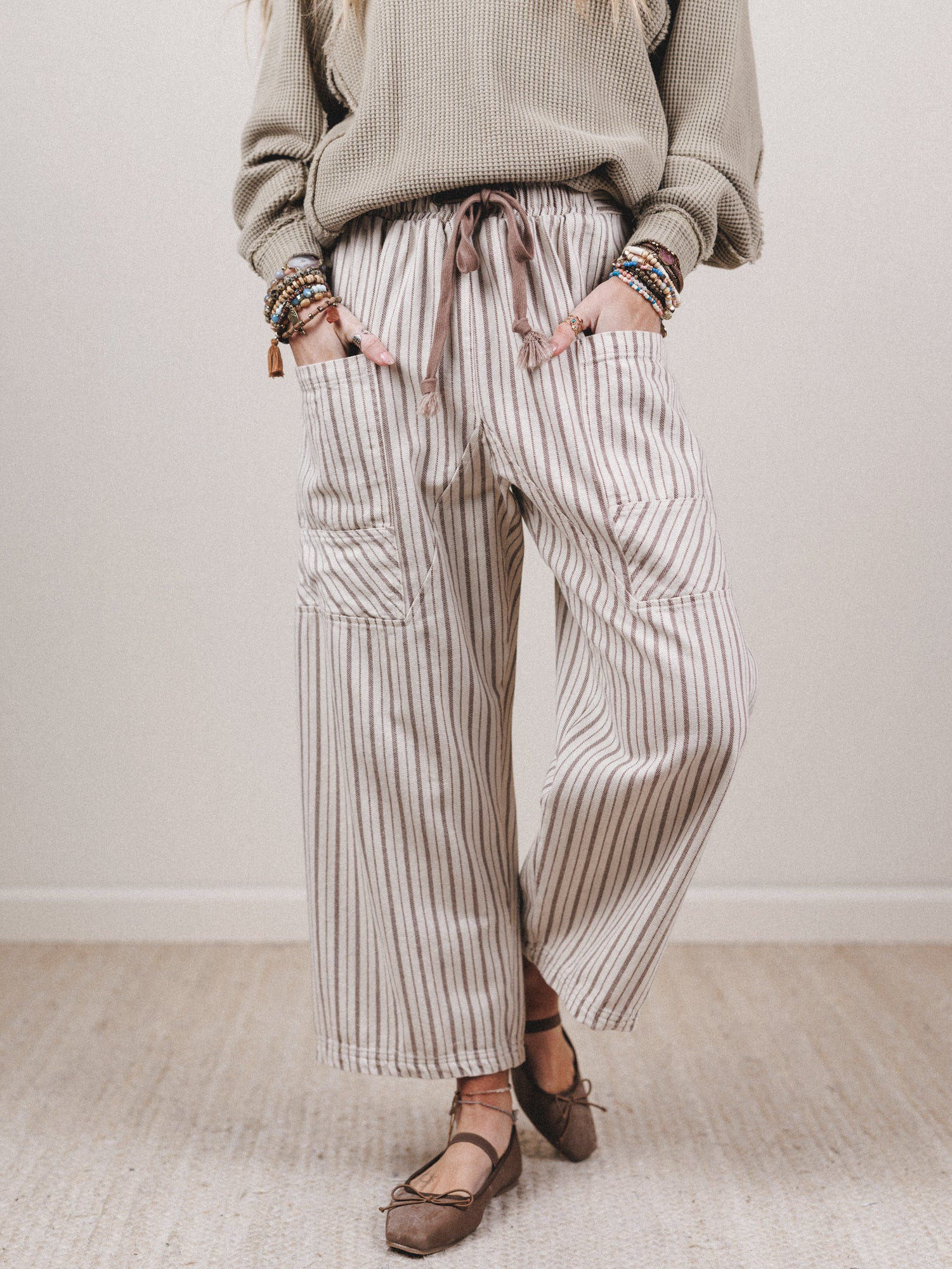 Percy Striped Barrel Jeans - Taupe | Three Bird Nest