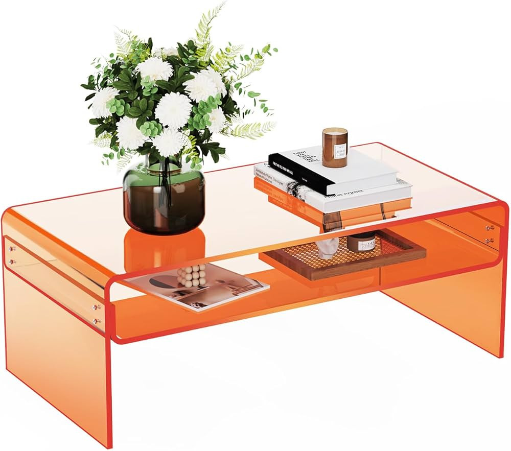 Acrylic Coffee Table for Living Room Clear Rectangle Lucite Table with Open Storage Shelf, Orange | Amazon (US)