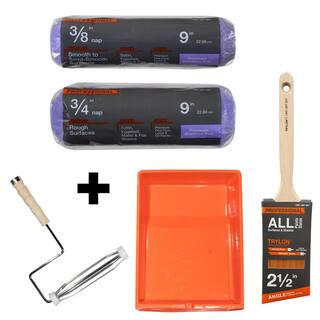 Linzer Deep Well Plastic Tray + 9in. Pro. Frame + 9in.x3/4in. and 9in.x3/8in. Poly Knit Rollers +... | The Home Depot