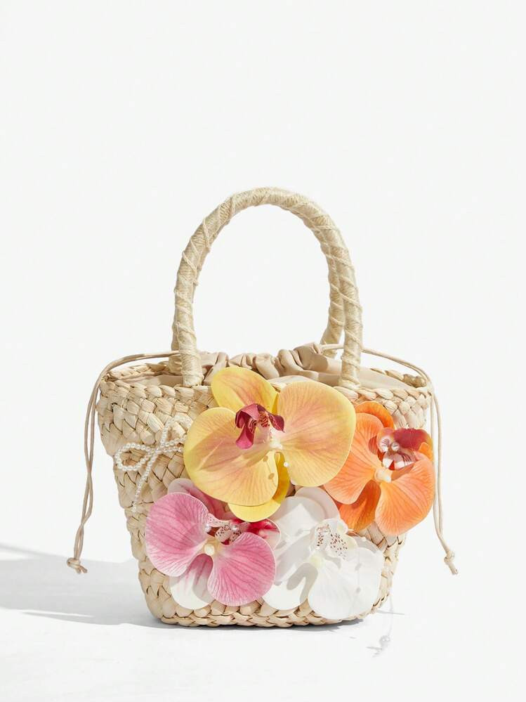 SHEIN ICON Ladies, Women Top Handle Bags, Straw Bag, Flowers, Pearl Bowknot, Pearl, Fashionable, Elegant, Simple, Personalized, Versatile, Street, Sweet And Cool Girls, Hot Girls, Y2k, For Beach, Vacation, Holiday, Summer, Seaside | SHEIN