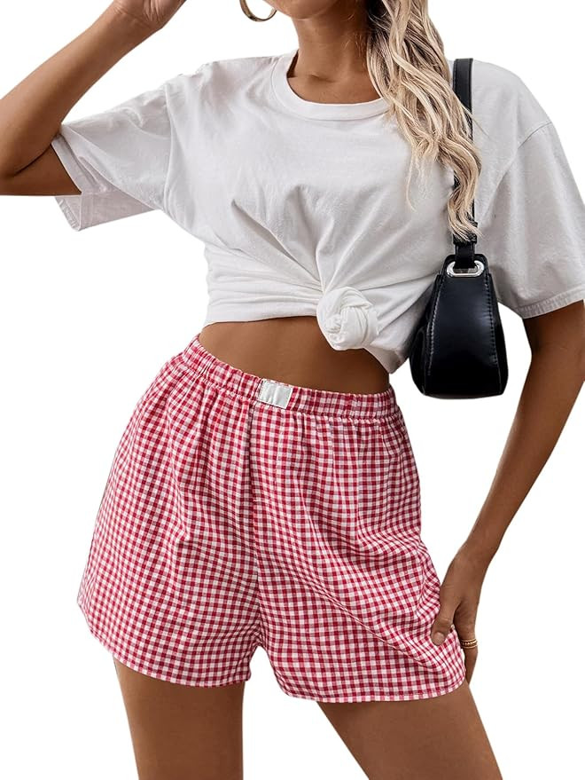 Boxer Shorts for Women Y2k Pajama Plaid Sleep Shorts Cute Elastic Waist Lounge Bottoms | Amazon (US)
