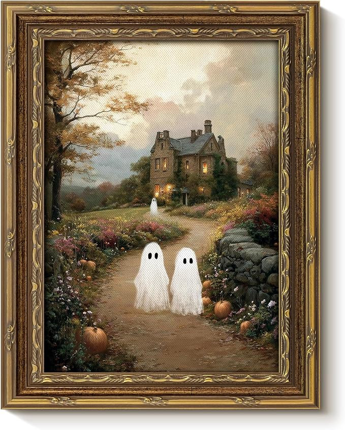VIYYIEA Vintage Gold Framed Halloween Wall Art, Rustic Spooky Gothic Canvas Painting, Cute Ghost ... | Amazon (US)