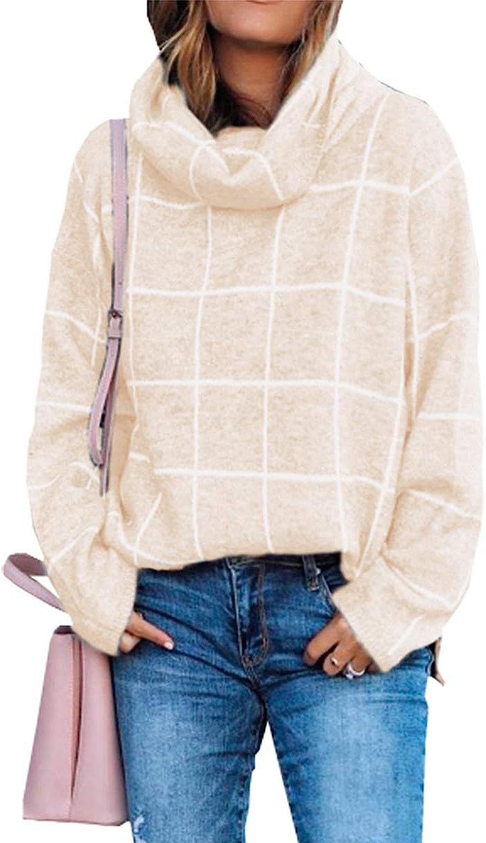 KIRUNDO 2020 Winter Women’s Turtleneck Knit Sweater Long Sleeves Pullover Plaid Side Split Chec... | Amazon (US)