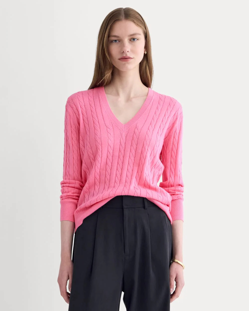 The Cable V-Neck in Cotton Cashmere | Deep Pink | Everlane