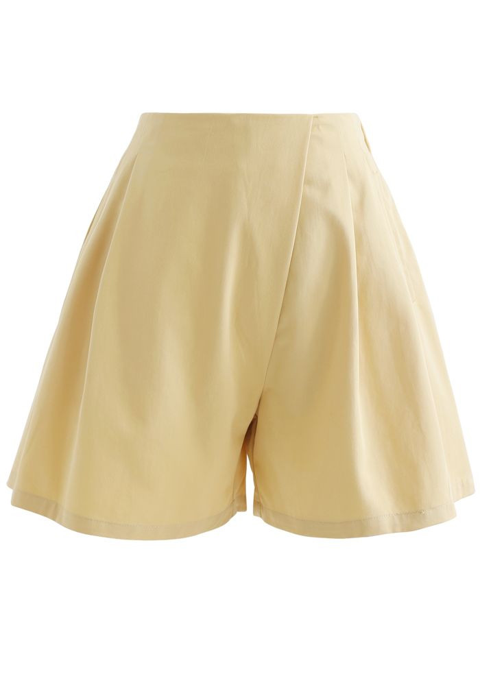 High Rise Side Zip Pocket Pleated Shorts in Yellow | Chicwish
