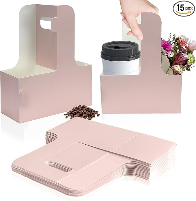 2 Cup Disposable Drink Carrier for Delivery with Handle,15 Count Pink Paperboard Cup Holder,Cup C... | Amazon (US)