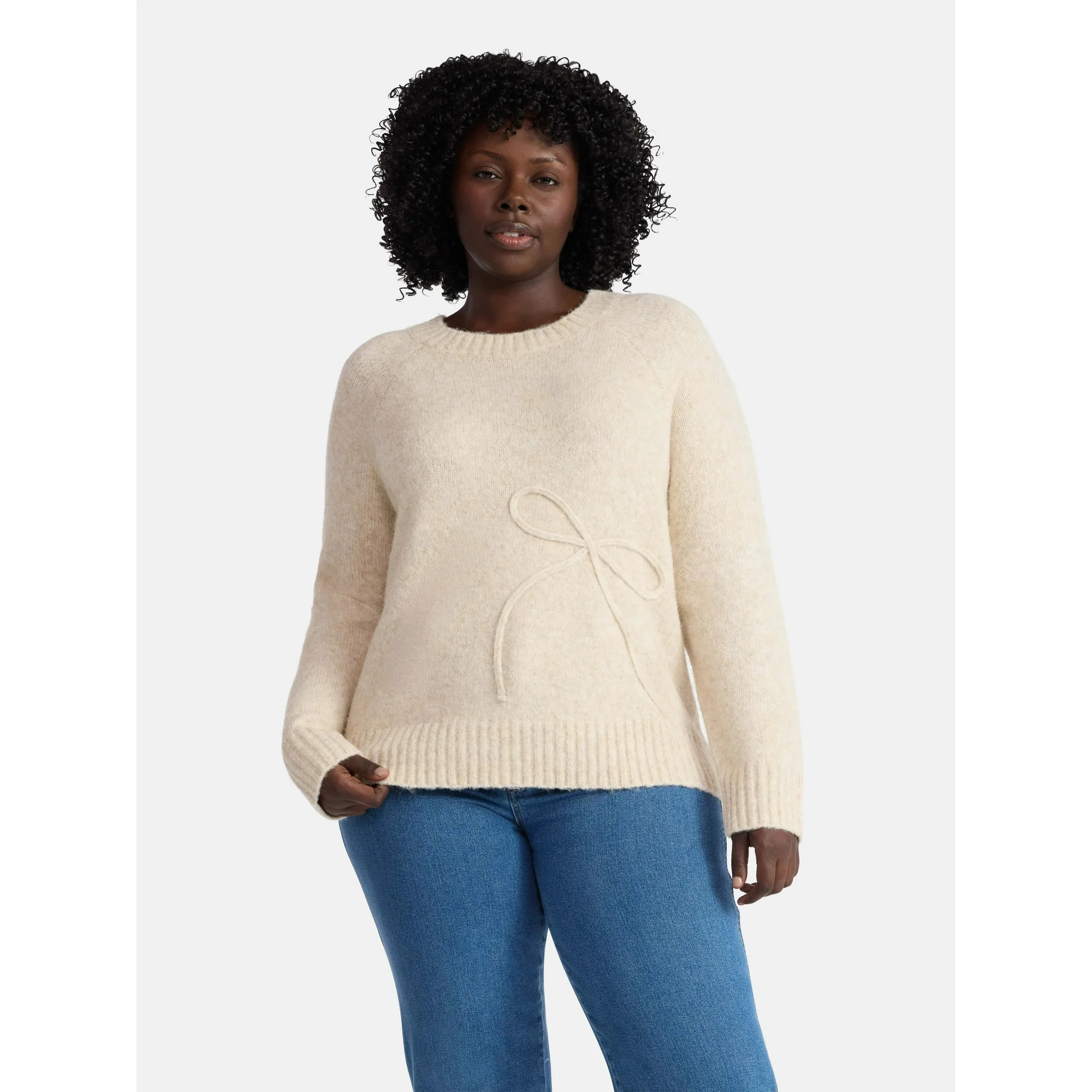 Terra & Sky Women’s Plus Bow Stitch Crewneck Sweater, Lightweight, Sizes 0X-4X | Walmart (US)
