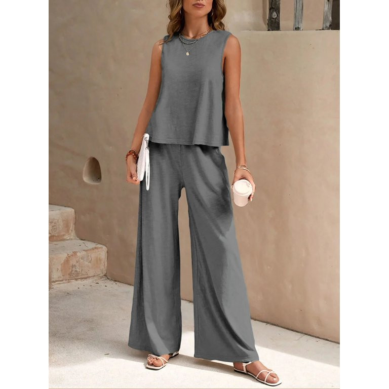 MOSHU Two Piece Lounge Sets for Women Loose Fit Tank Tops and Wide Leg Pants with Pockets Solid S... | Walmart (US)