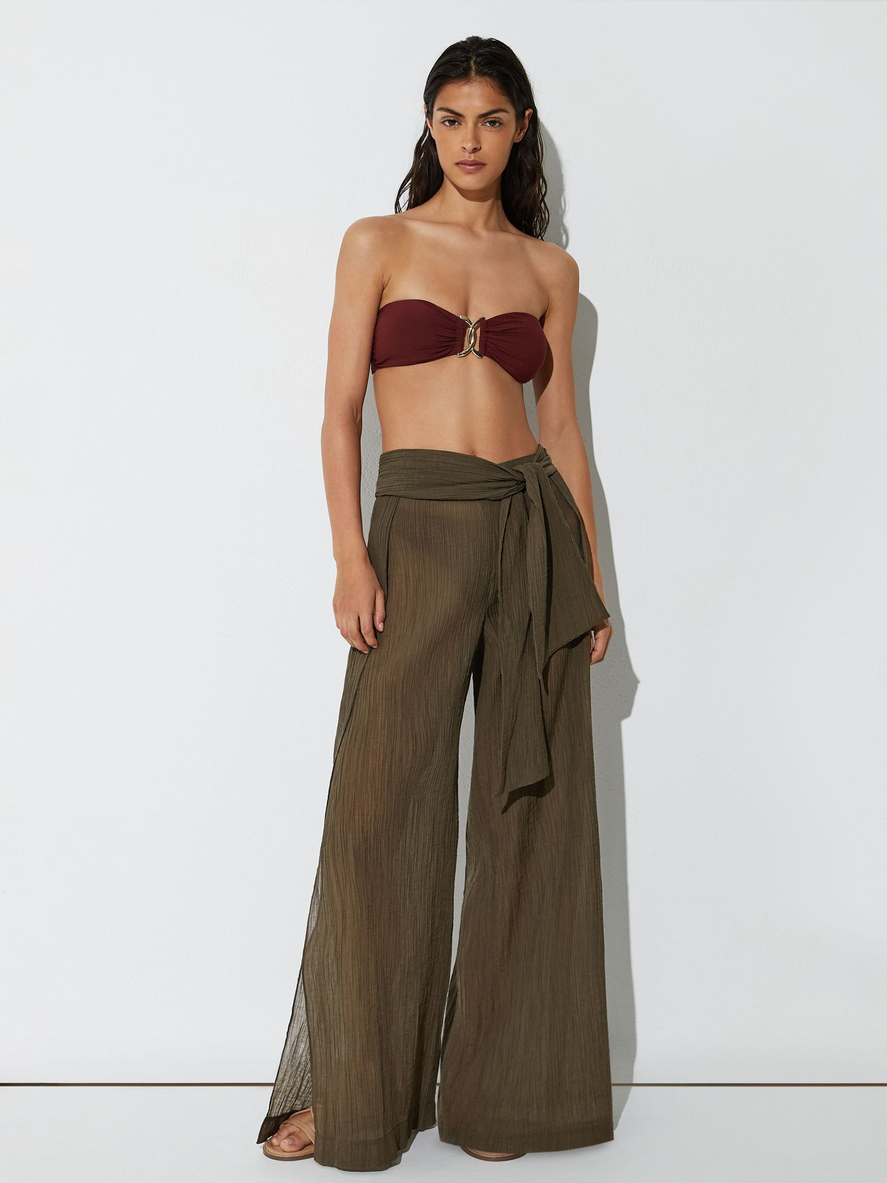 Reiss Cotton-Blend Plissé Resort Trousers in Khaki Green | REISS | Reiss US