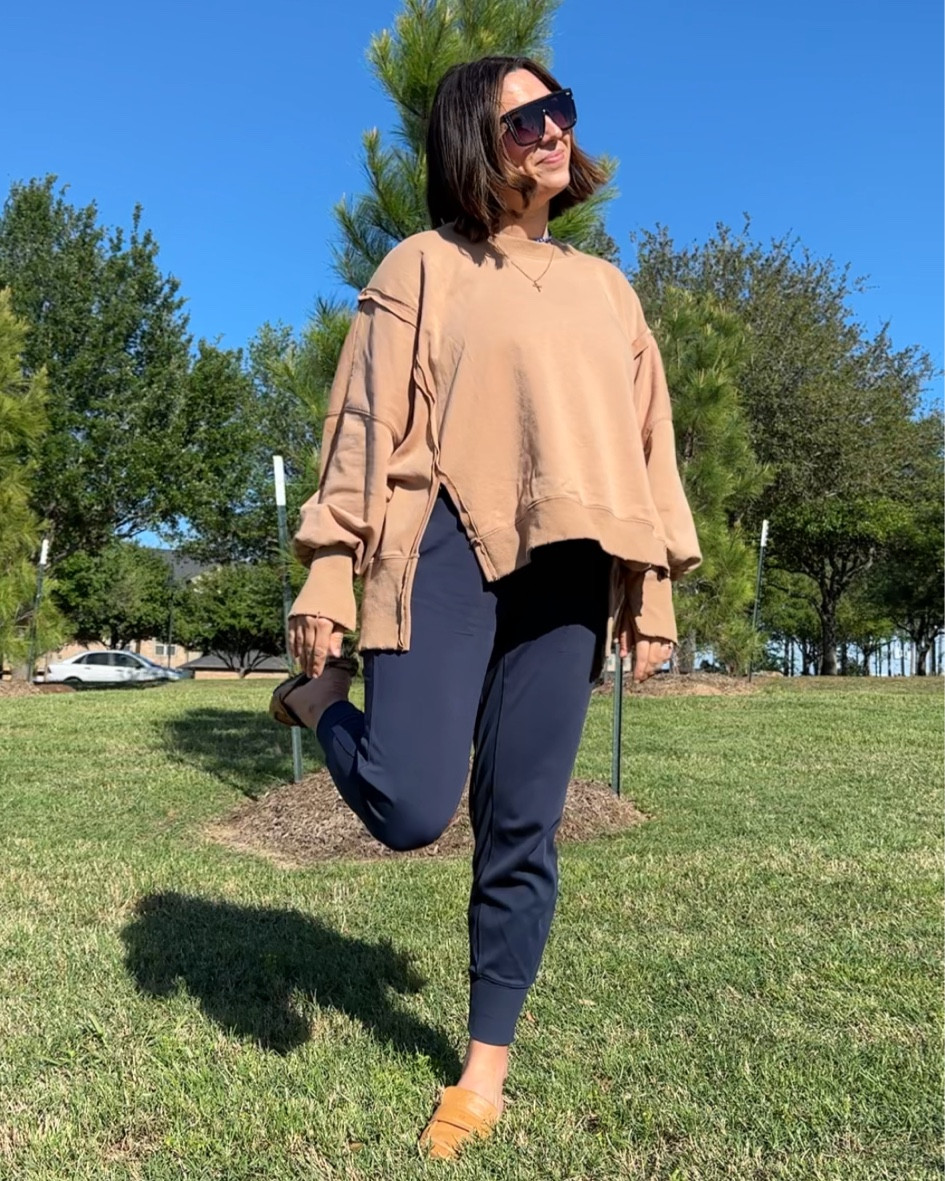 Work pants - medium 
Sweatshirt - sharing similar 
Sharing similar tan work shoes 
Hold hoops 
Sunglasses 

#LTKworkwear #LTKfindsunder100 #LTKshoecrush