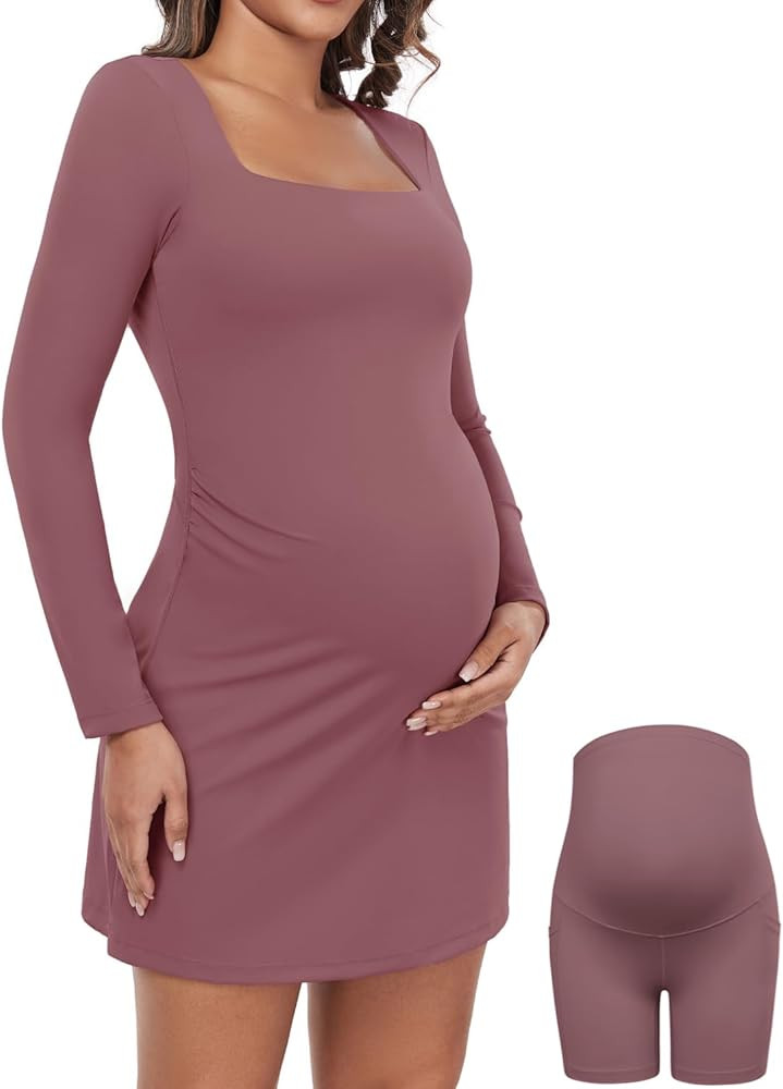Maacie Long Sleeve Maternity Tennis Dress with Shorts & Built in Bra Square Neck A-line Workout G... | Amazon (US)