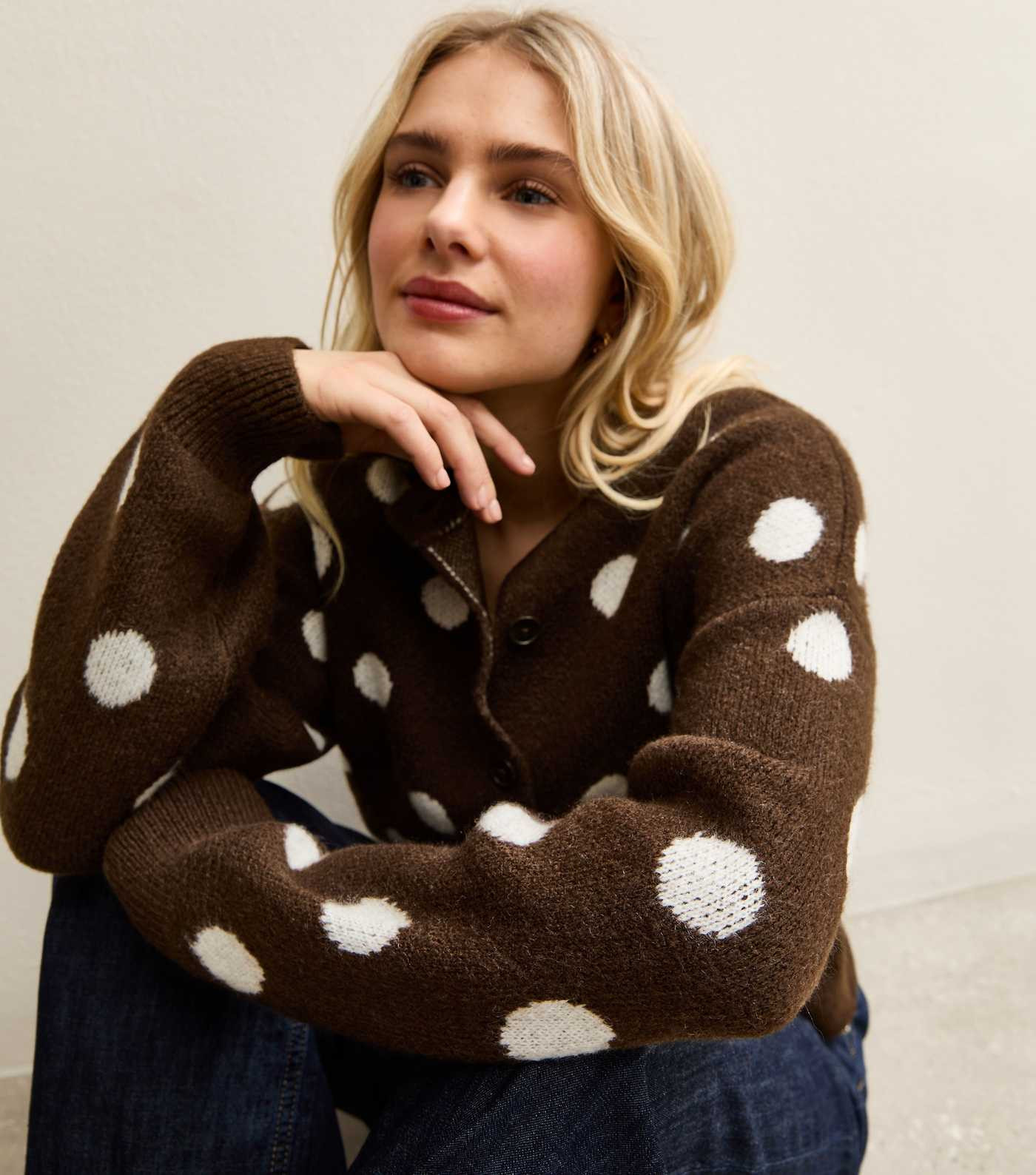 Brown Polka Dot Crew Neck Cardigan | New Look | New Look (UK)