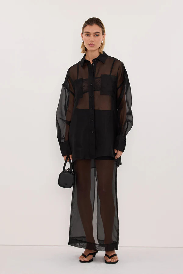 SIAN BLACK SILK ORGANZA MIDI SKIRT | DISSH