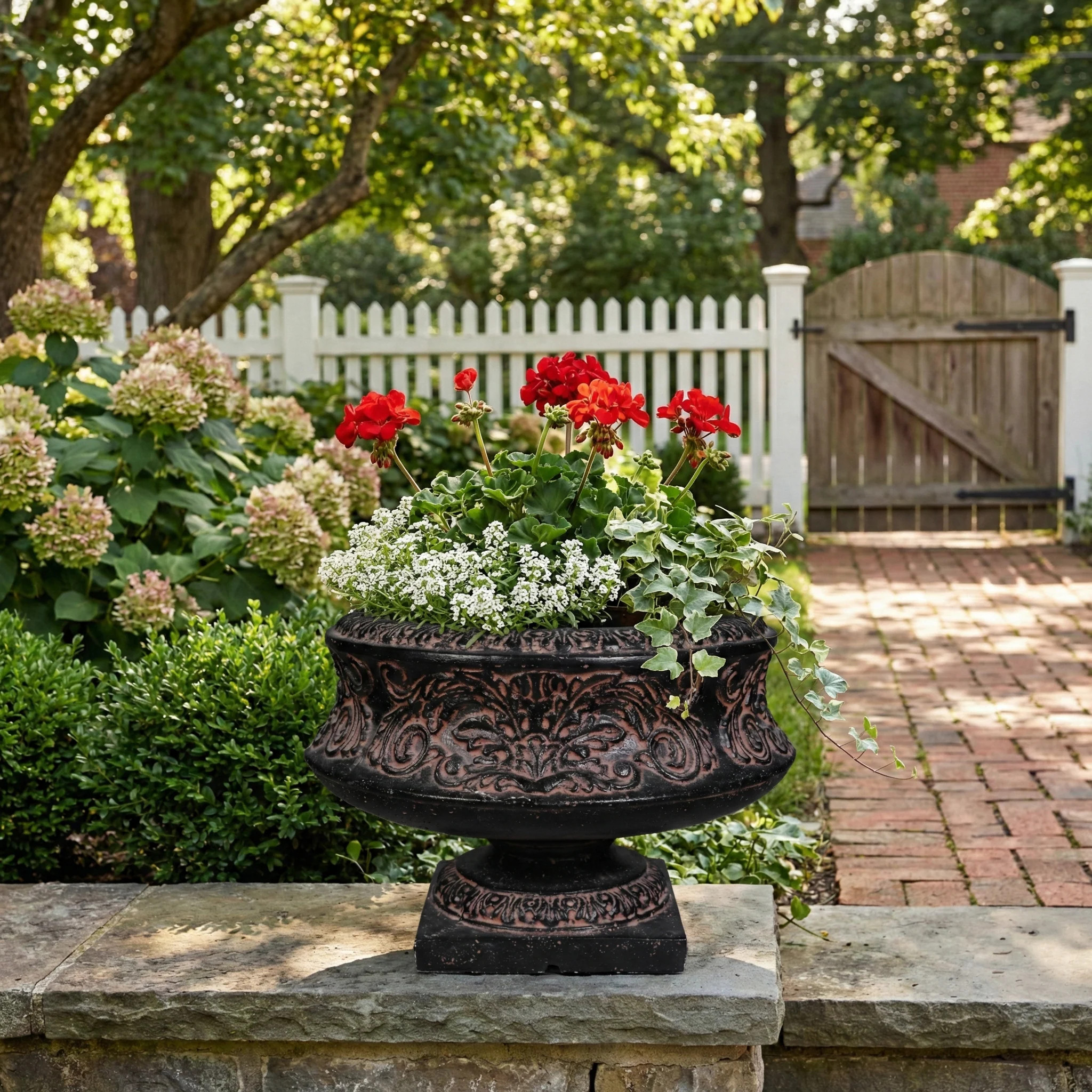 MPG Planters 16-1/4 in. x 10-3/4 in. Cast Stone Fiberglass Ornate Low Urn in Aged Charcoal one_size in Black | PF6047AC | Lowe's