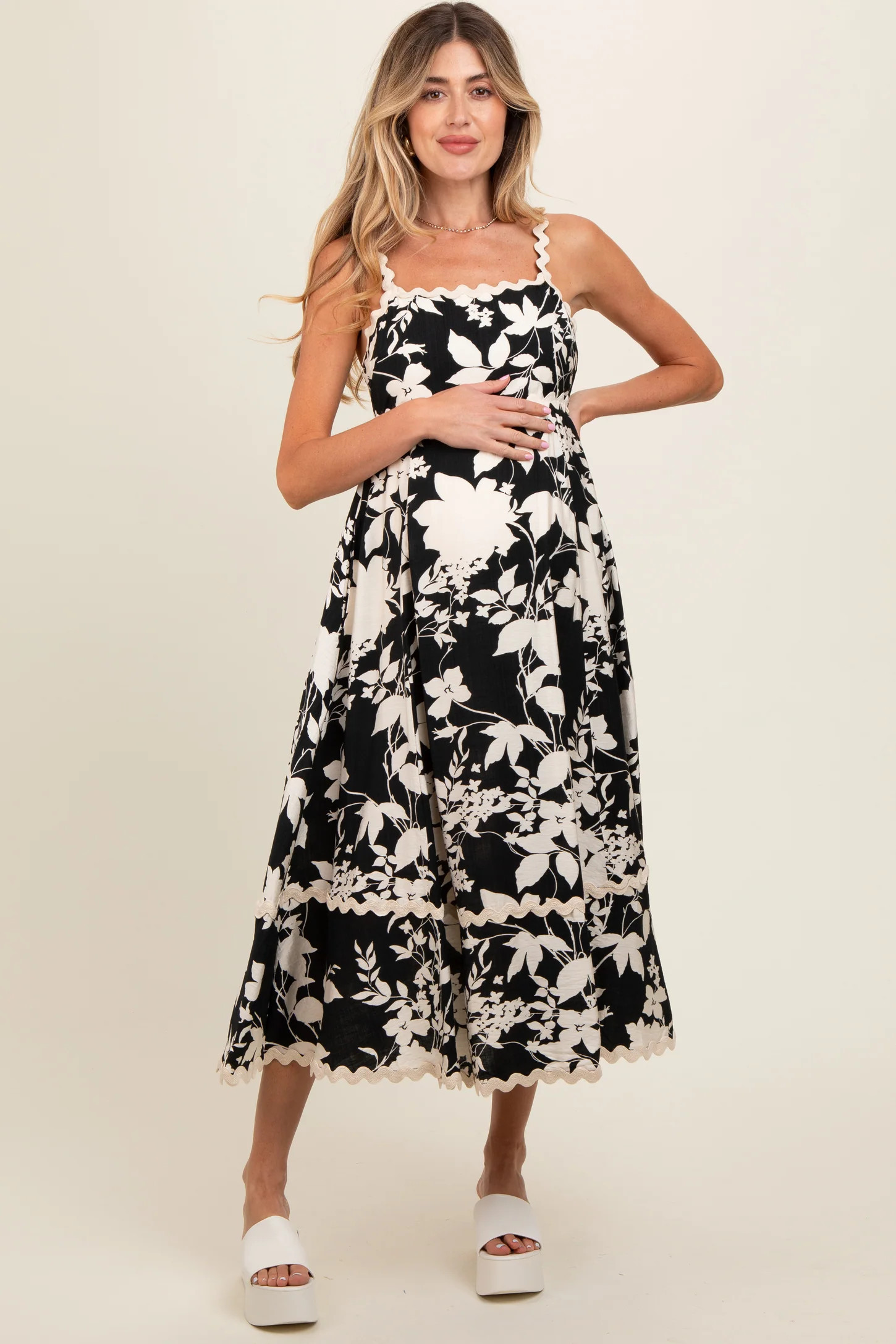 Black Floral Wave Trim A-Line Maternity Midi Dress | PinkBlush Maternity