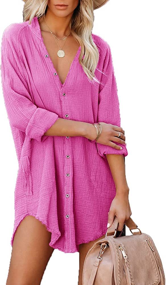 Paintcolors Women's Long Sleeve Cotton Button Down Tunic Dresses with Pockets Solid Color Oversized  | Amazon (US)