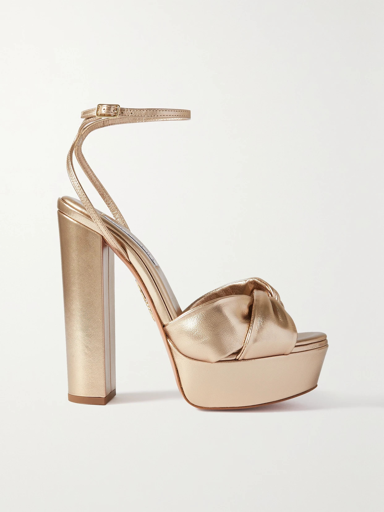 Aquazzura - Olie Plateau 140 Knotted Metallic Leather Platform Sandals - Pink | NET-A-PORTER (US)