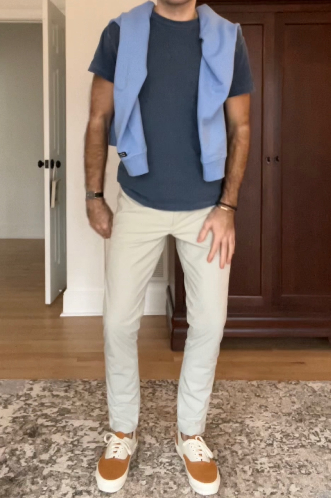 A fun spring fit. Comfy, casual, but looks nice. Drape a sweatshirt on your shoulders to elevate the look and provide an option for additional warmth. A simple combo of a good fitting t-shirt, chinos, comfy sneakers, and the sweatshirt or sweater draped on shoulders  

#LTKsalealert #LTKmens #LTKstyletip