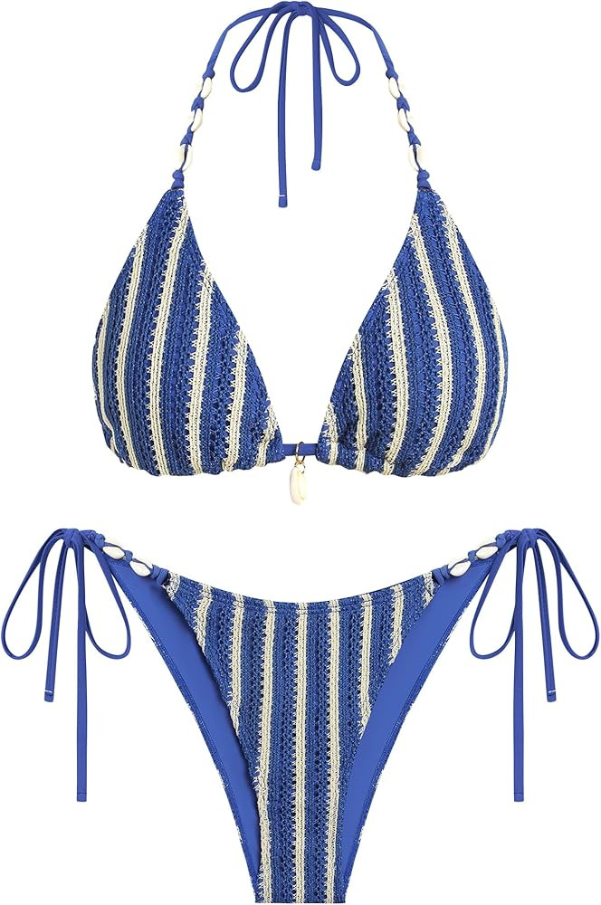 ZAFUL Women's Triangle String Bikini Set Sexy Tie Side Two Piece Swimsuit Seashell Halter Bathing... | Amazon (US)
