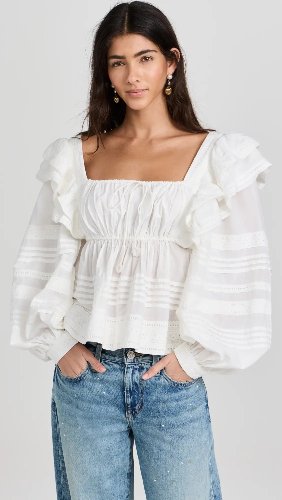 FARM Rio Off-White Squared Neckline Long Sleeves Blouse | Shopbop | Shopbop
