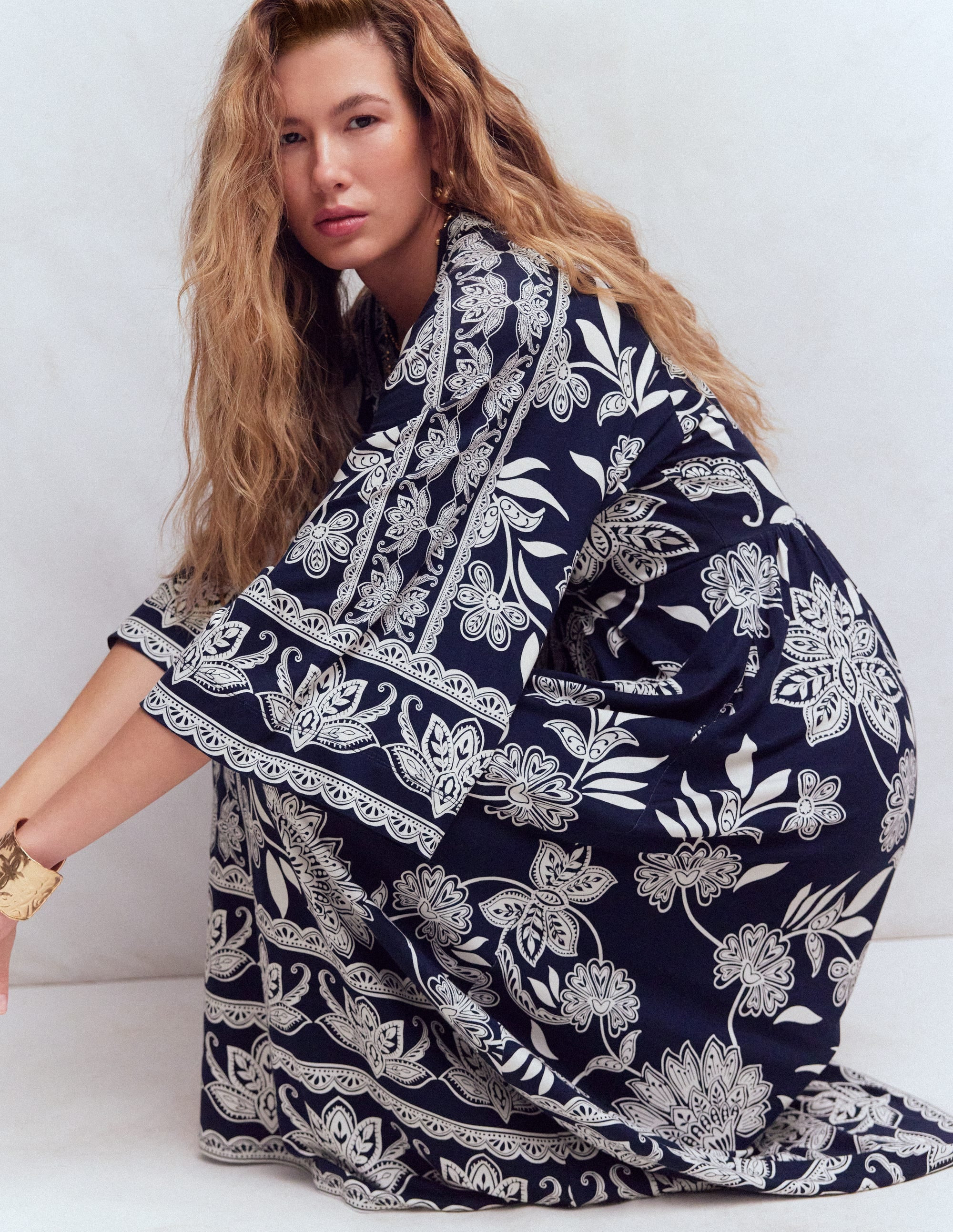Nell Kimono Midi Jersey Dress-Navy, Elegant Blossom | Boden (US)