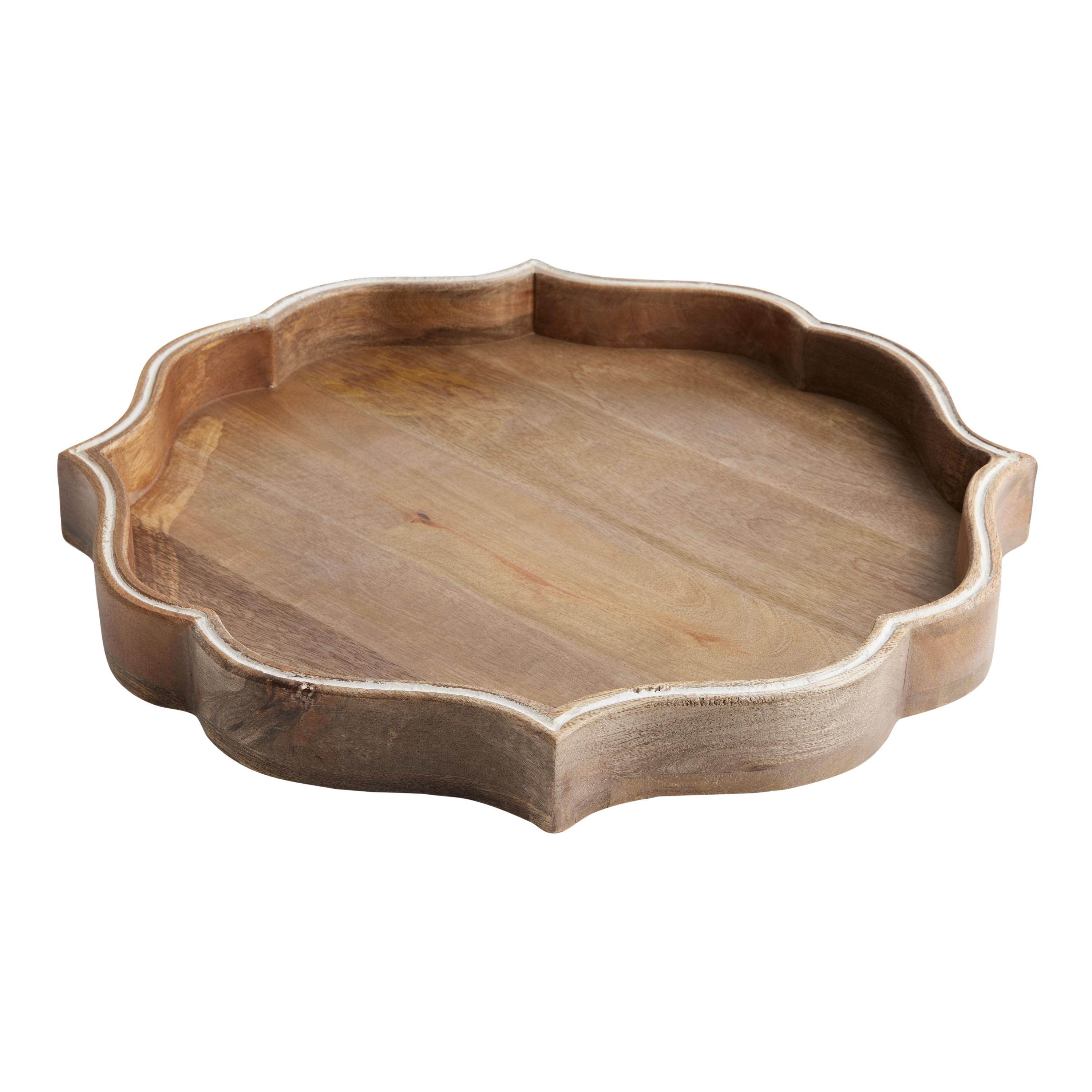 Round Whitewash Wood Scallop Rim Serving Tray | World Market