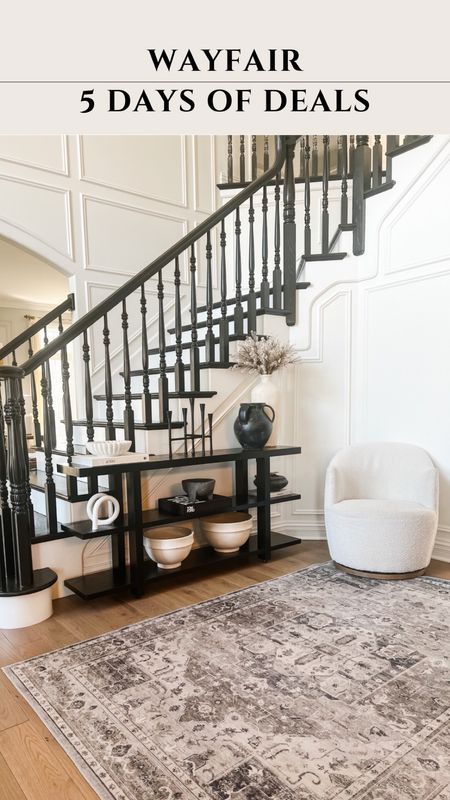 Black console table budget friendly. Modern console table. Transitional console table. Vintage rug. White swivel chair. White accent chair. Entryway decor. Console table decor. Entryway console table. Sofa console table @wayfair 5 days of deals #wayfair with free shipping! Sale runs 3/31 - 4/4

#LTKhome #LTKFind #LTKsalealert