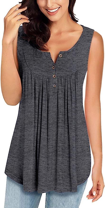 MIROL Womens Summer Sleeveless V Neck Solid Color Casual Swing Shirts Flowy Tank Tops Blouses wit... | Amazon (US)