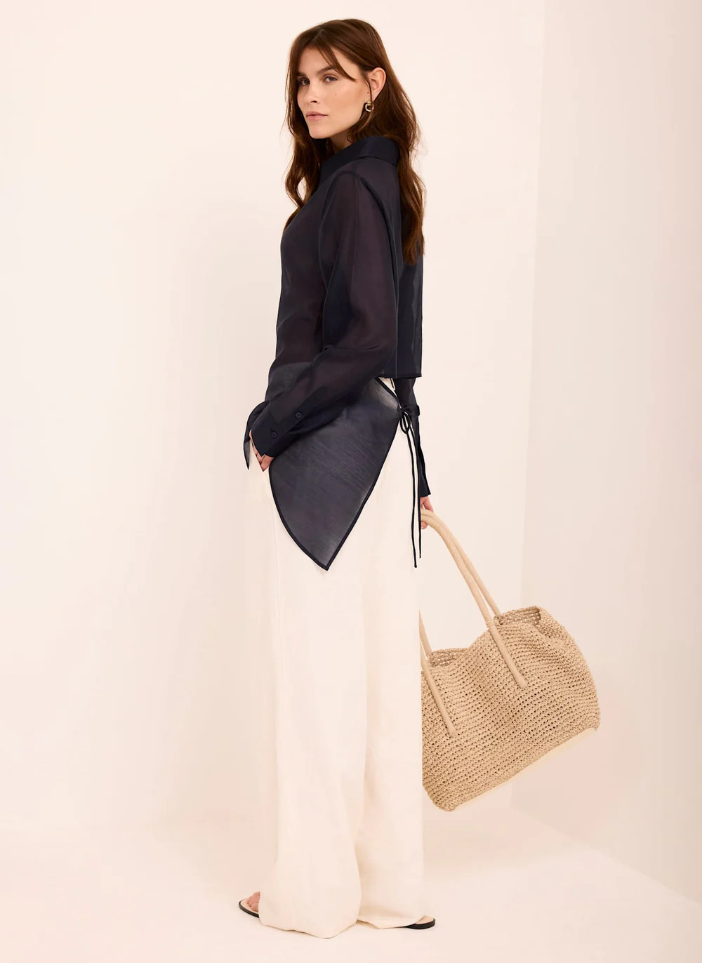 Navy Longline Tie Back Sheer Shirt | Mint Velvet
