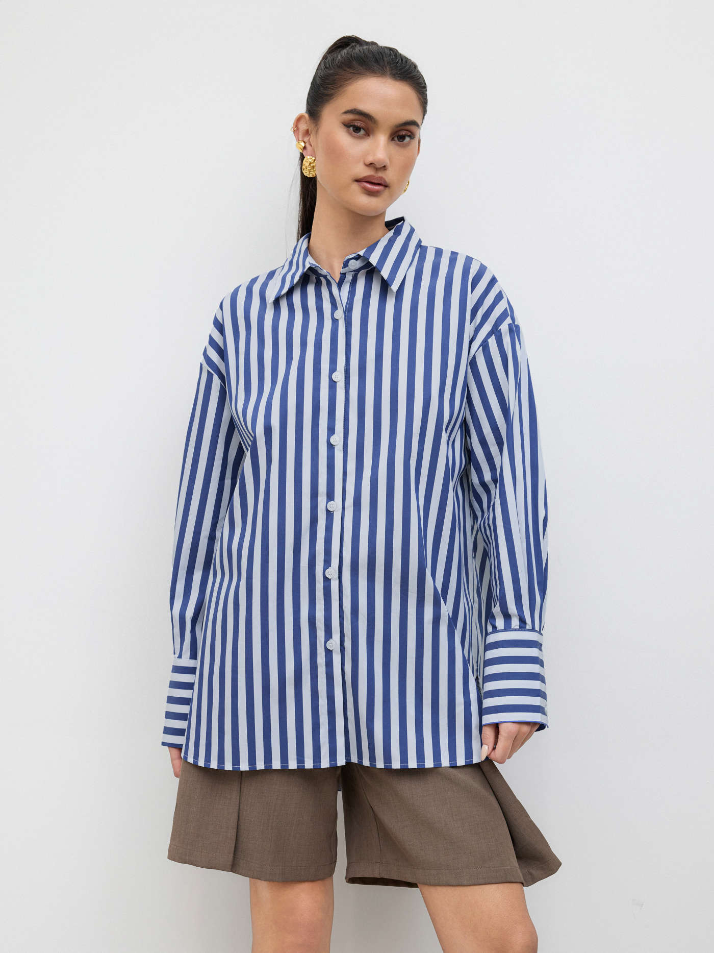 Cotton-blend Collar Stripe Oversized Shirt | Cider