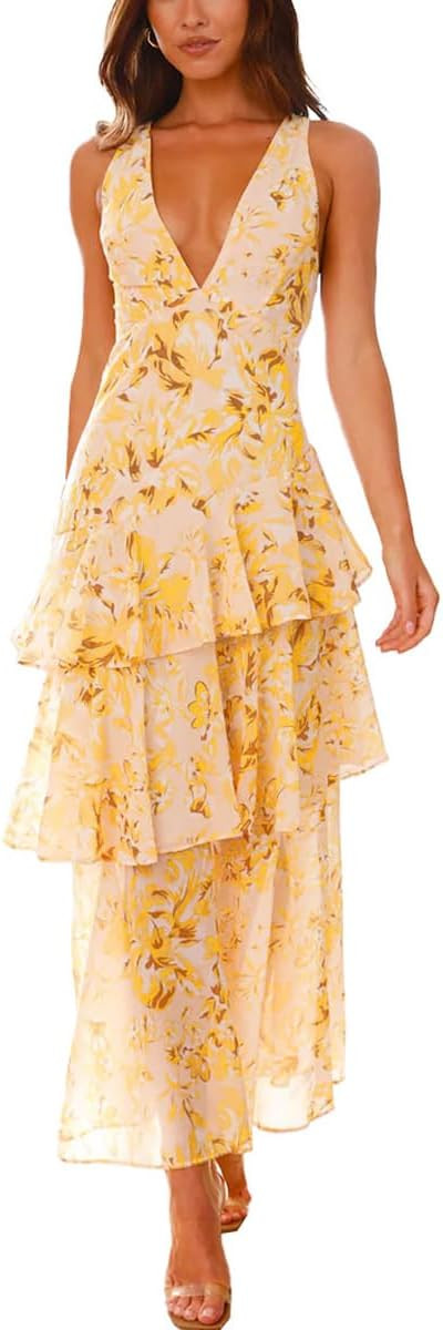 Amazon.com: Women's Floral Maxi Dress Sexy Deep V Neck Backless Ruffles Dresses Beach Party Weddi... | Amazon (US)