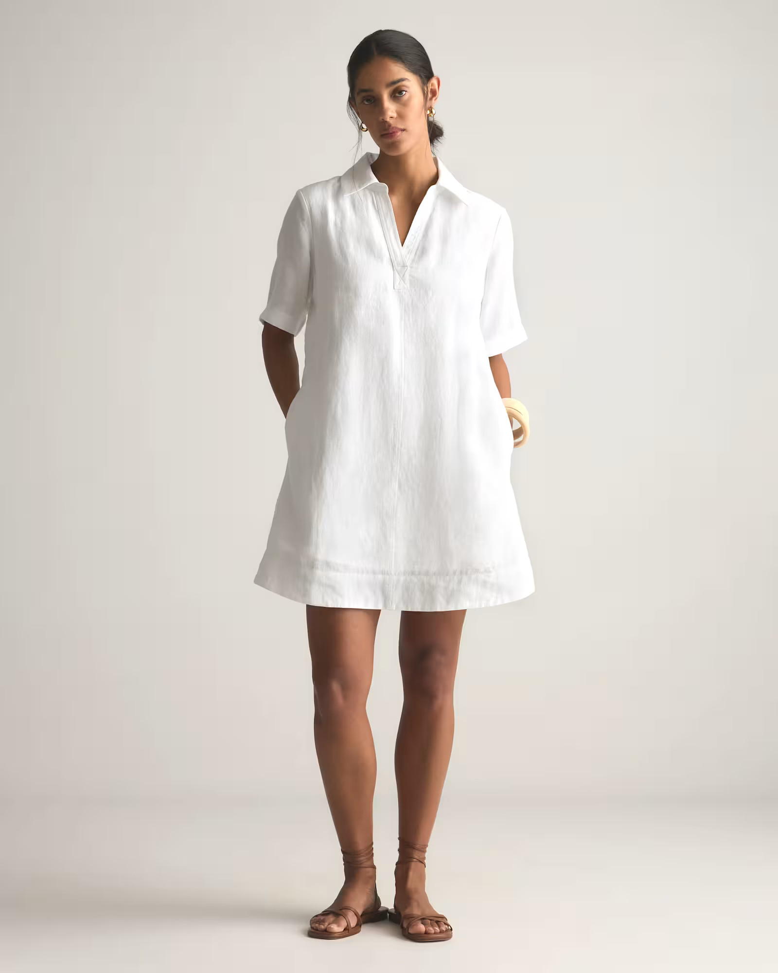 100% European Linen Popover Mini Dress in White | Quince