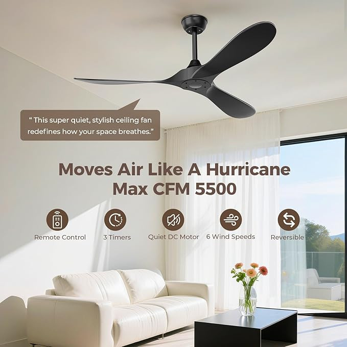 Black Outdoor Ceiling Fan, 52 in Ceiling Fans No Light with Remote Control, 3 Blades, 6 Speed Rev... | Amazon (US)