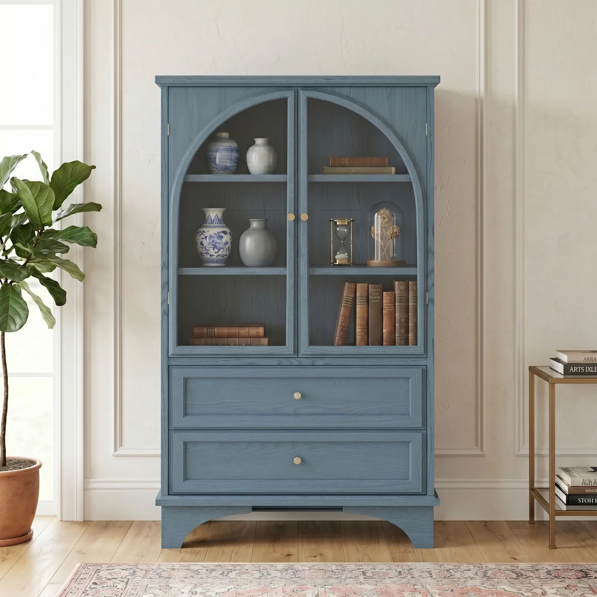 52" H Arched Glass Door Display Cabinet with 2 Drawers, Adjustable Shelves, Genuine Wood Veneer F... | Wayfair North America