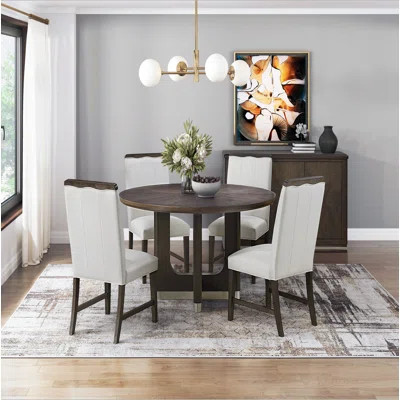 Modern Brown Finish Dining Set Round Table and Side Chairs Beige Upholstered Comfort Durable Metallic Accent Base Table Wooden Furniture | Wayfair North America