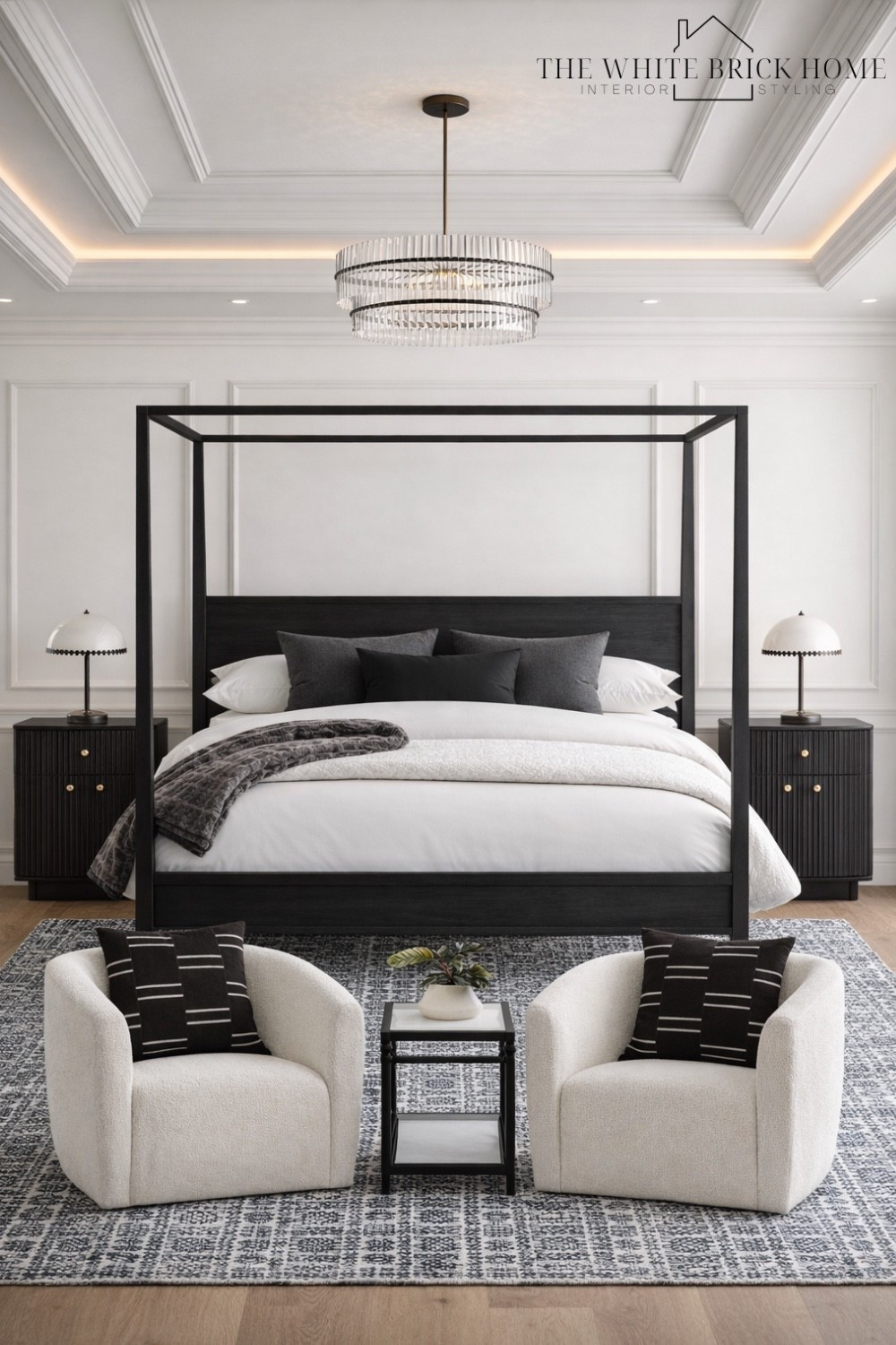 A high contrast modern bedroom that pairs bold black accents with soft textures for a polished, designer finished bedroom retreat. 

Bed, bedroom, bed frame, canopy bed, bedroom design, bedroom decor, bedroom lighting, chandelier, bedding, accent chair, side table, table lamp, nightstand, bedroom decor, bedroom ideas, home, modern decor, modern bedroom, black and white bedroom, high contrast bedroom, cb2 bedroom, crate and barrel bedroom, pottery barn, wayfair 

#LTKSeasonal #LTKHome #LTKSaleAlert