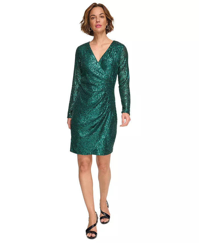 V-Neck Side-Ruched Sequin Long-Sleeve Dress | Macy's