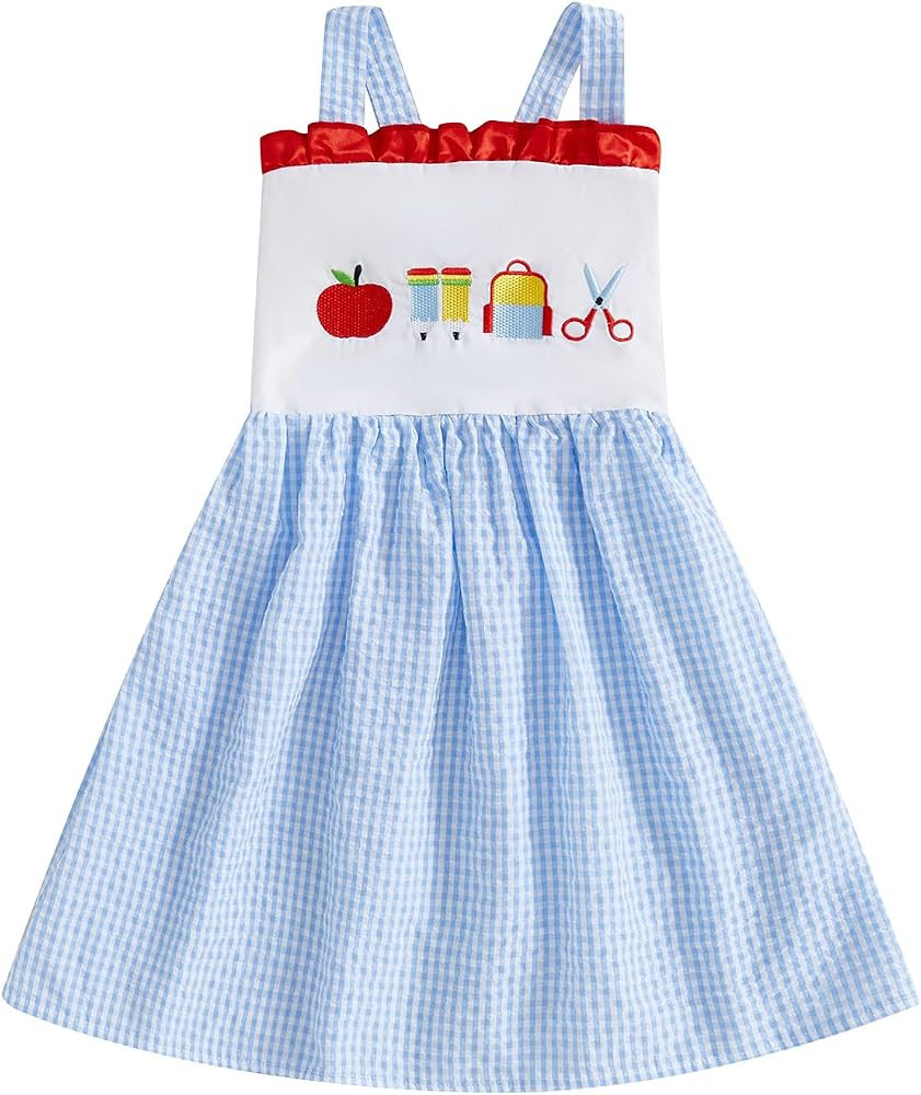 Little Girls Back to School Straps Dress Summer Ruffle Seersucker Gingham Smocked Dress First Day... | Amazon (US)
