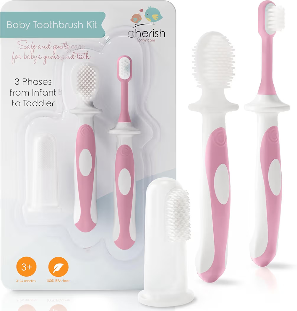 Cherish Baby Care Baby Toothbrush & Toddler Toothbrush Set (0-2 Years) - BPA-Free & Safety-Tested, 2023 Award Winner, Food-Grade Silicone (Pink) | Amazon (US)