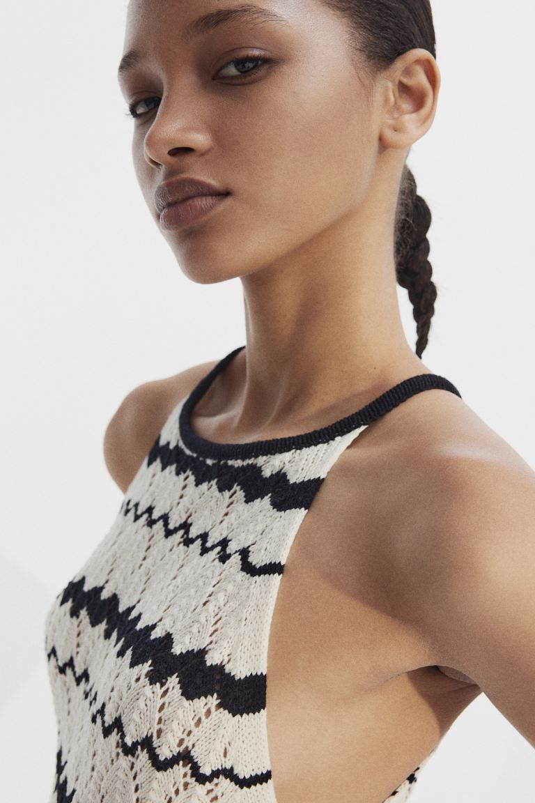 Long Pointelle-knit Dress - Round Neck - Sleeveless - Cream/black striped - Ladies | H&M US | H&M (US + CA)