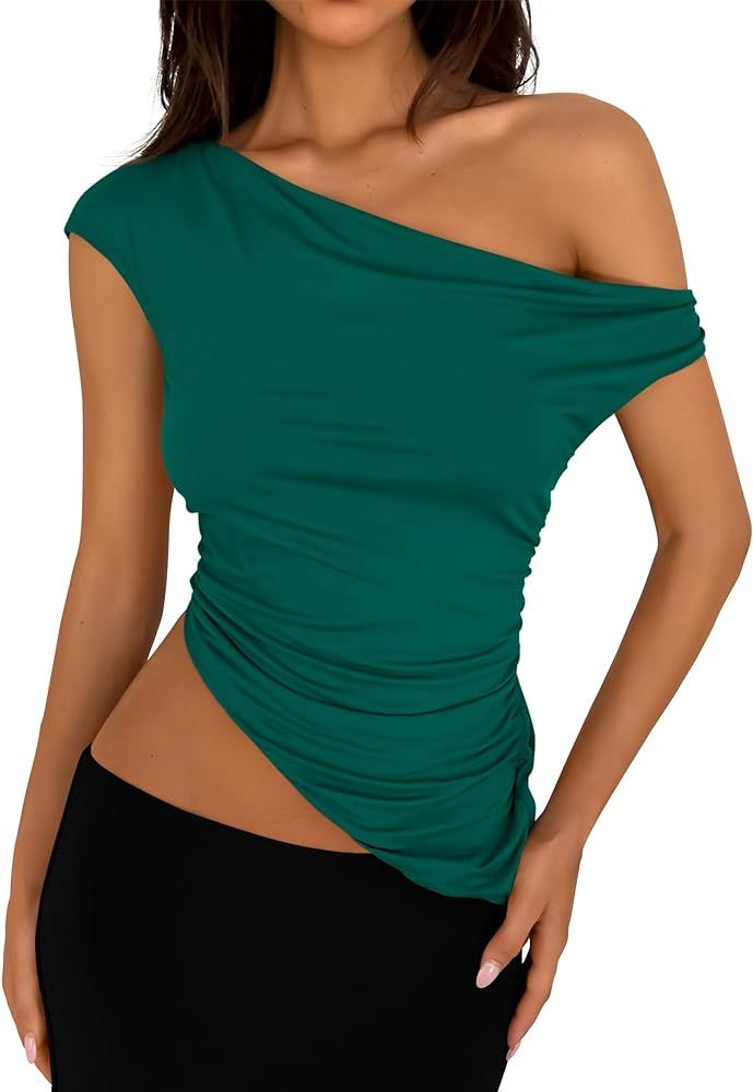 PRETTYGARDEN Womens 2024 Summer Off The Shoulder Crop Tops Sleeveless One Shoulder Ruched Asymmet... | Amazon (US)
