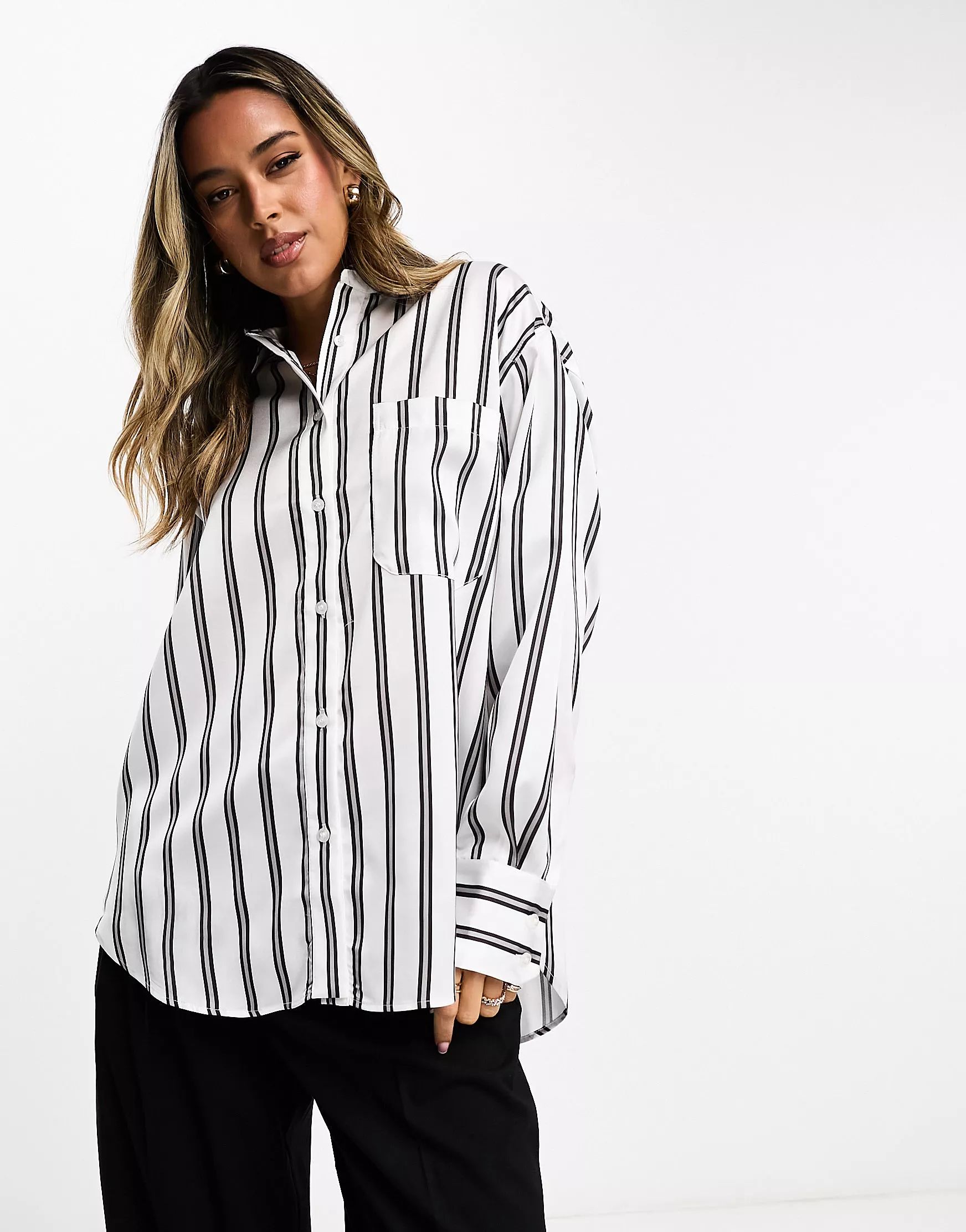 ASOS DESIGN satin oxford shirt in mono stripe | ASOS (Global)